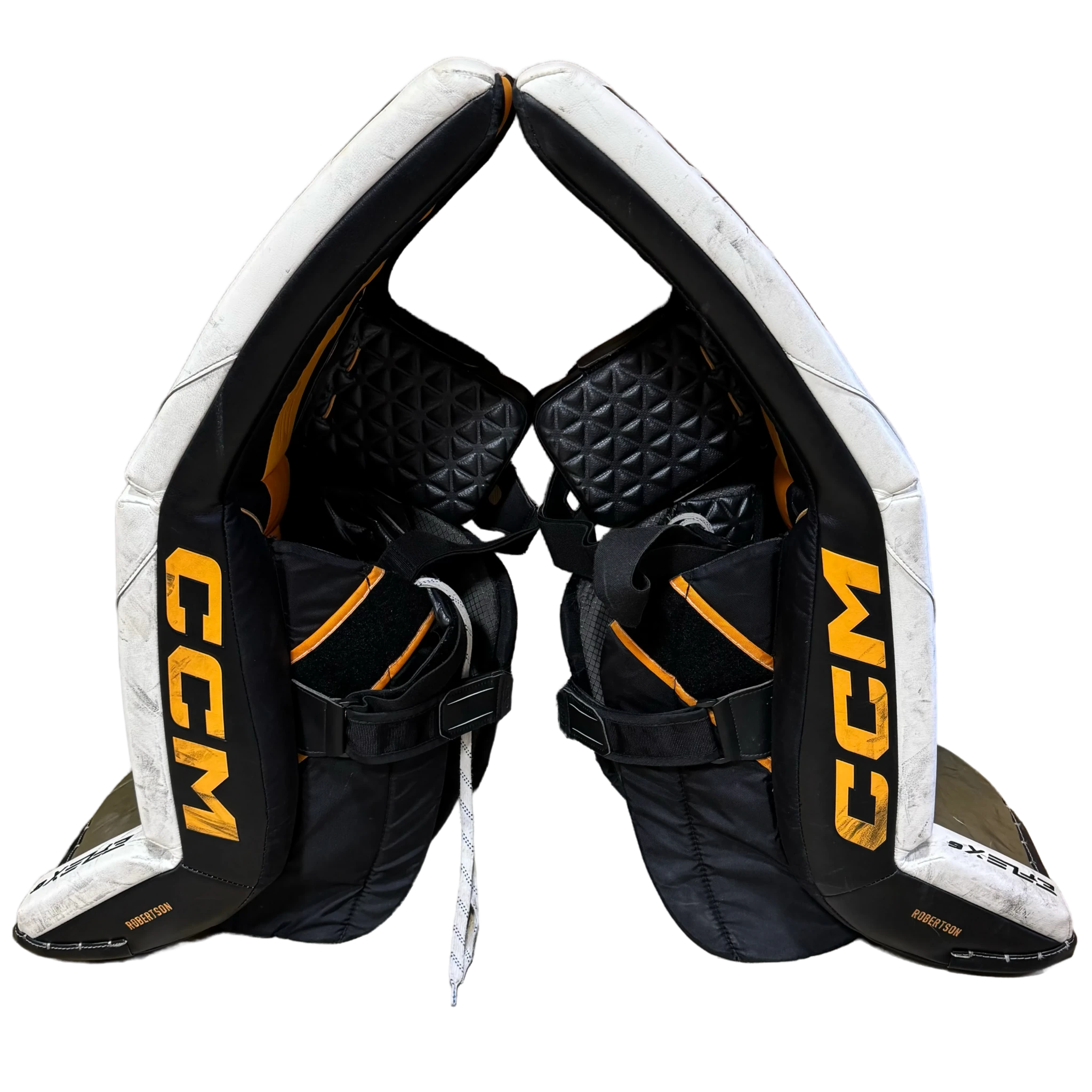 CCM Extreme Flex 6 - Jambières de gardien de but Pro Stock d'occasion (blanc/vert/jaune/noir)